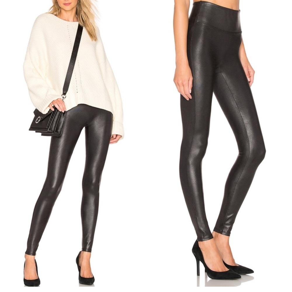 Spanx Faux Leather Leggings Black‎ Athletic Shape Wear Shiny Night Out Slim Sz S